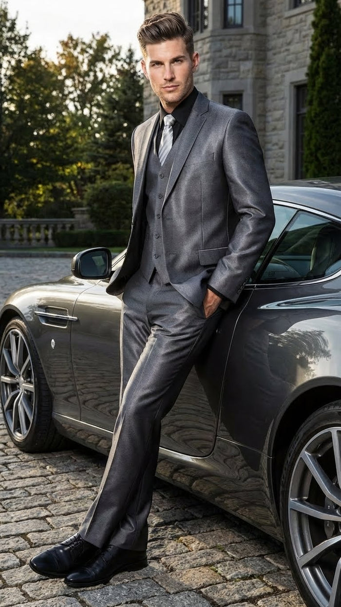 Men's Charcoal Gray Suit With Sheen -  | Shiny Texture Fabric Three Piece Wedding and Party Business