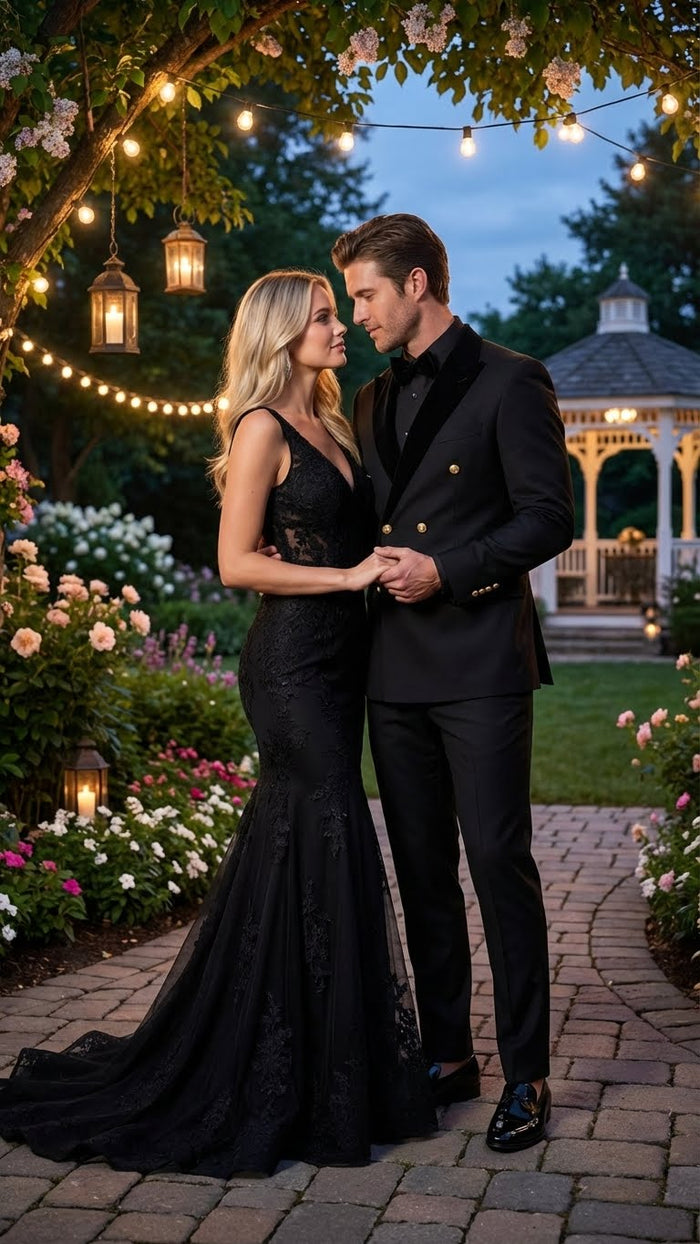 Men's Black Double Breasted Tuxedo Suit - Luxury Formal Dinner Jacket Gold Buttons Velvet Lapel