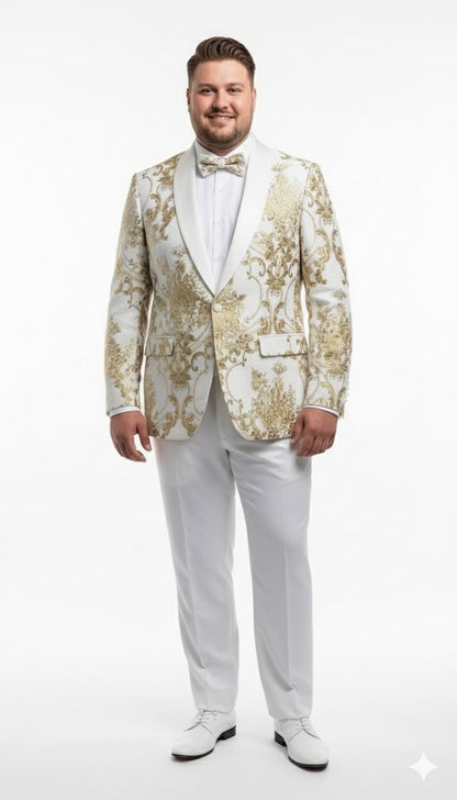Mens White and Gold Floral Tuxedo Jacket with Satin Lapel  Luxury Prom, Wedding and Formal Dinner Blazer
