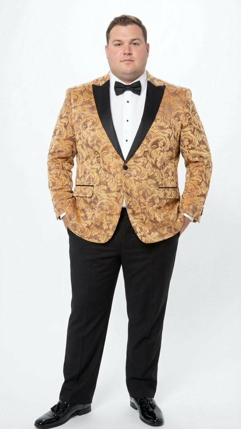 Mens Yellow Gold Baroque Pattern Tuxedo Blazer Suit  Party and Wedding Jacket Prom Paisley Black Pants