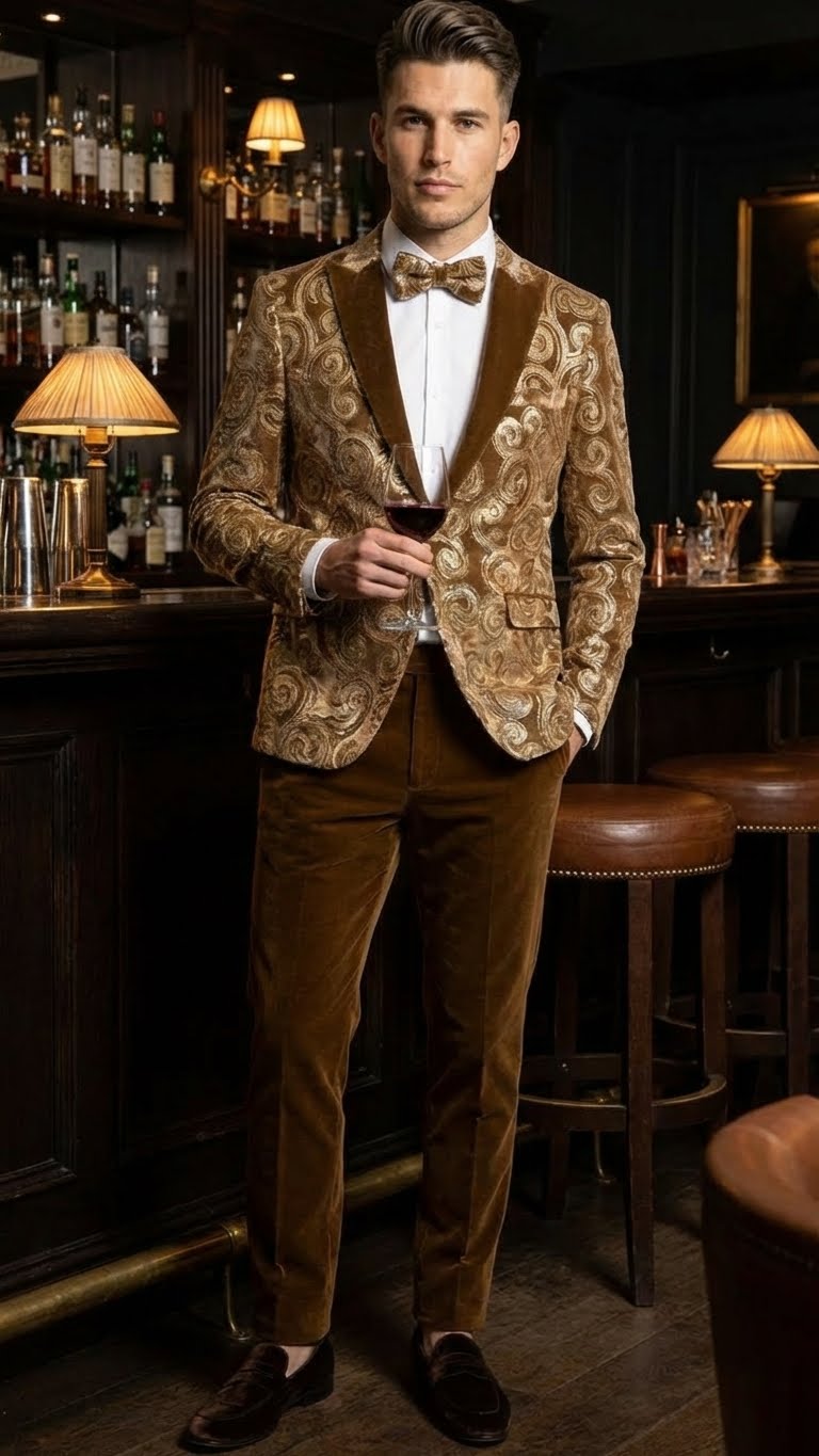 Mens Goldish Light brown Tuxedo dinner Jacket Embroidered Blazer  Velvet Jacket for Formal Paisley Pattern Coffee Mocca Color