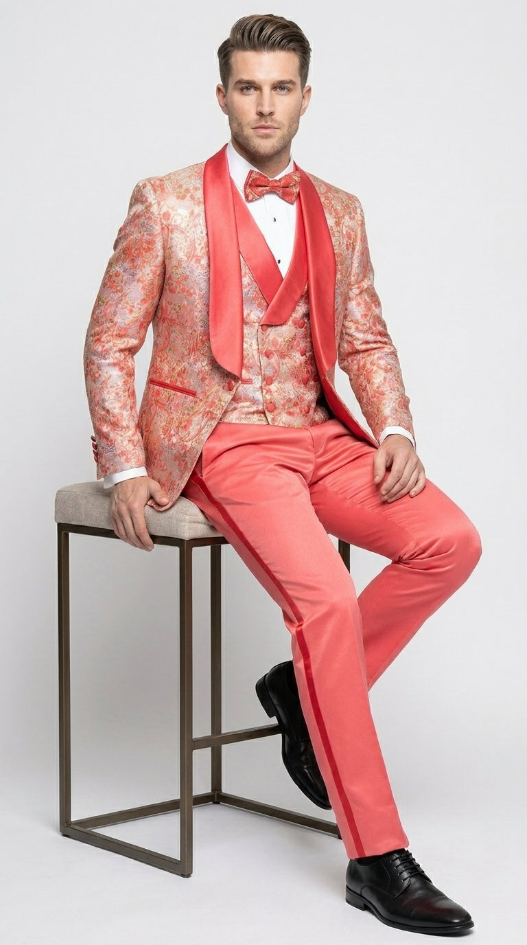 Men's One Button Paisley Wedding Tuxedo with Double Breasted Vest in Coral Orange