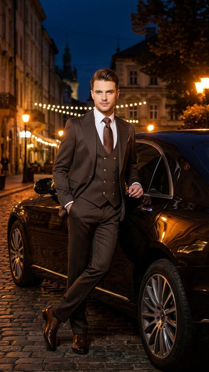 Mens Chocolate Brown Textured 3-Piece Suit  Luxury Double-Breasted Vest Formal Set