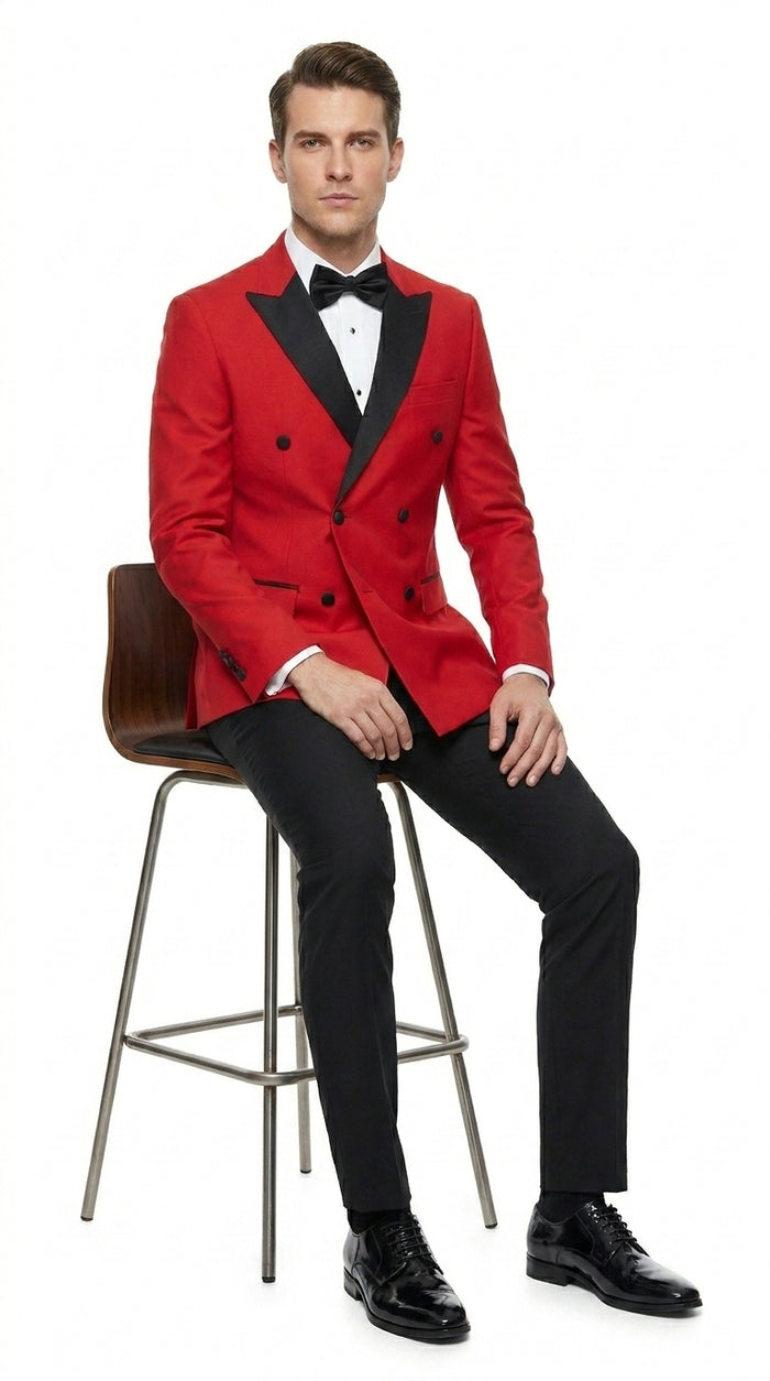 Men’s Red Double Breasted Wool Tuxedo with Black Lapel, Formal Wedding Prom Dinner Jacket