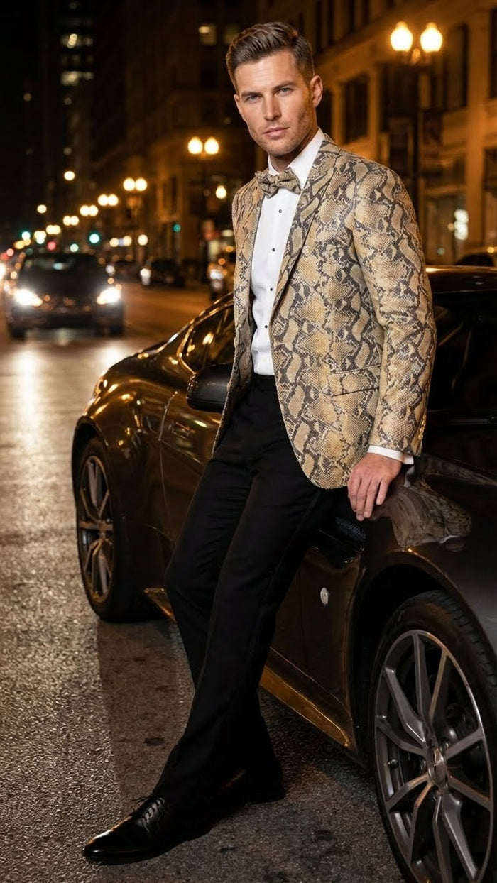 Mens Beige and Black Snakeskin Print Blazer  Alligator Crocodile Exotic Sking Sport Coat Jacket in Tan Camel Color