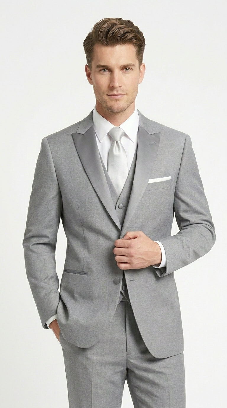 Men’s Light Grey Vested Tuxedo with One Button Jacket, Peak Lapel and Matching Pants