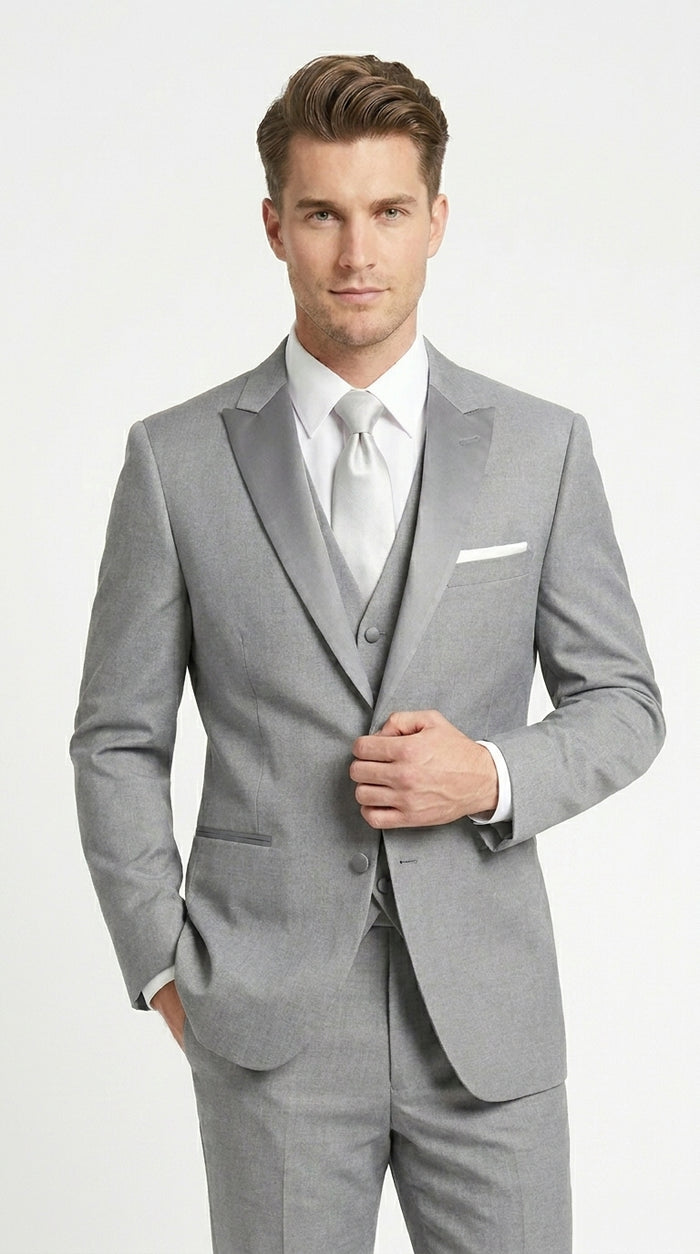 Men’s Light Grey Vested Tuxedo with One Button Jacket, Peak Lapel and Matching Pants