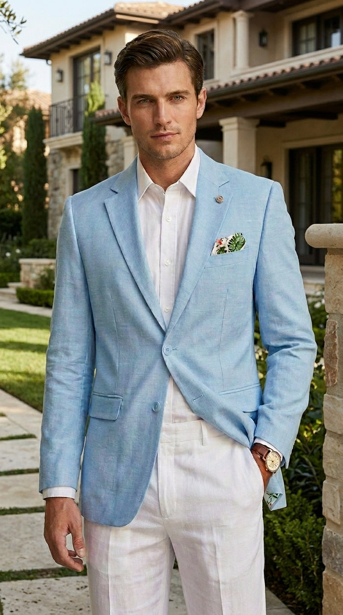 Men’s Sky Blue Linen Style Summer Blazer with Two Button Front, Lightweight Wedding Sport Coat