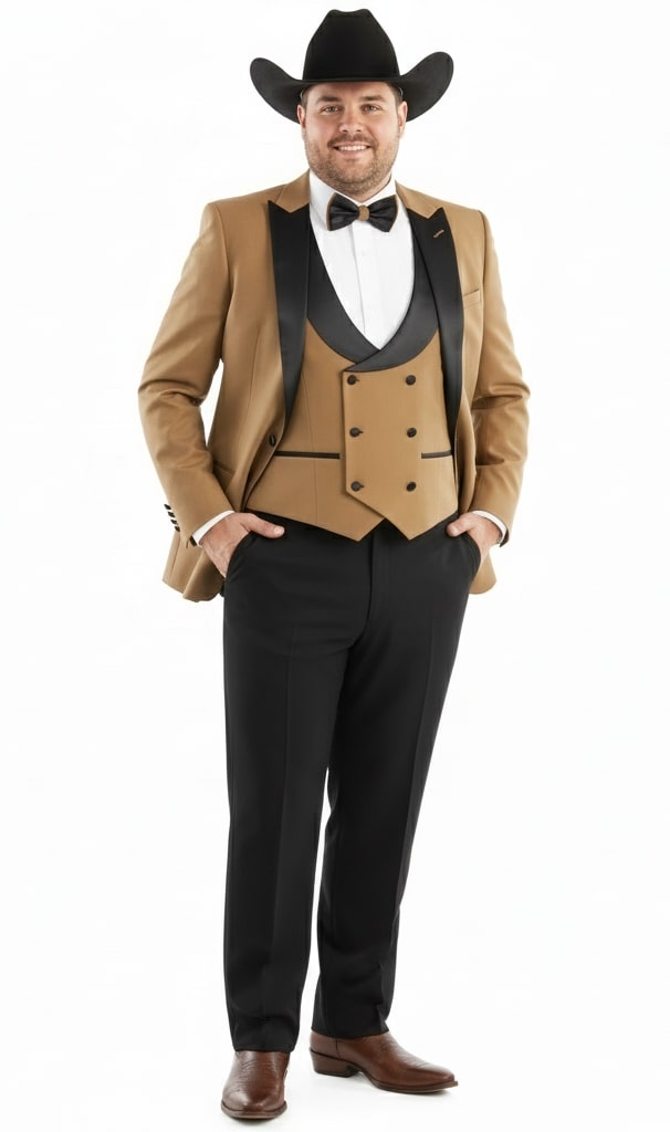 Mens Western Cowboy Tuxedo  Tan and Black 3-Piece Suit with Satin Lapel and Vest in Mocca Coffee Color