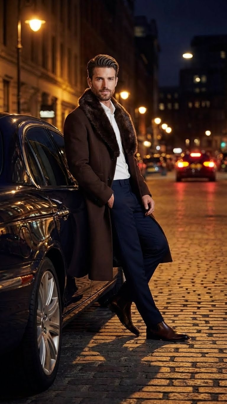 Mens Brown Long Overcoat with Faux Fur Collar  Classic Winter Formal Coat Three Quarter Carcoat Wool and Cashmere Fabric