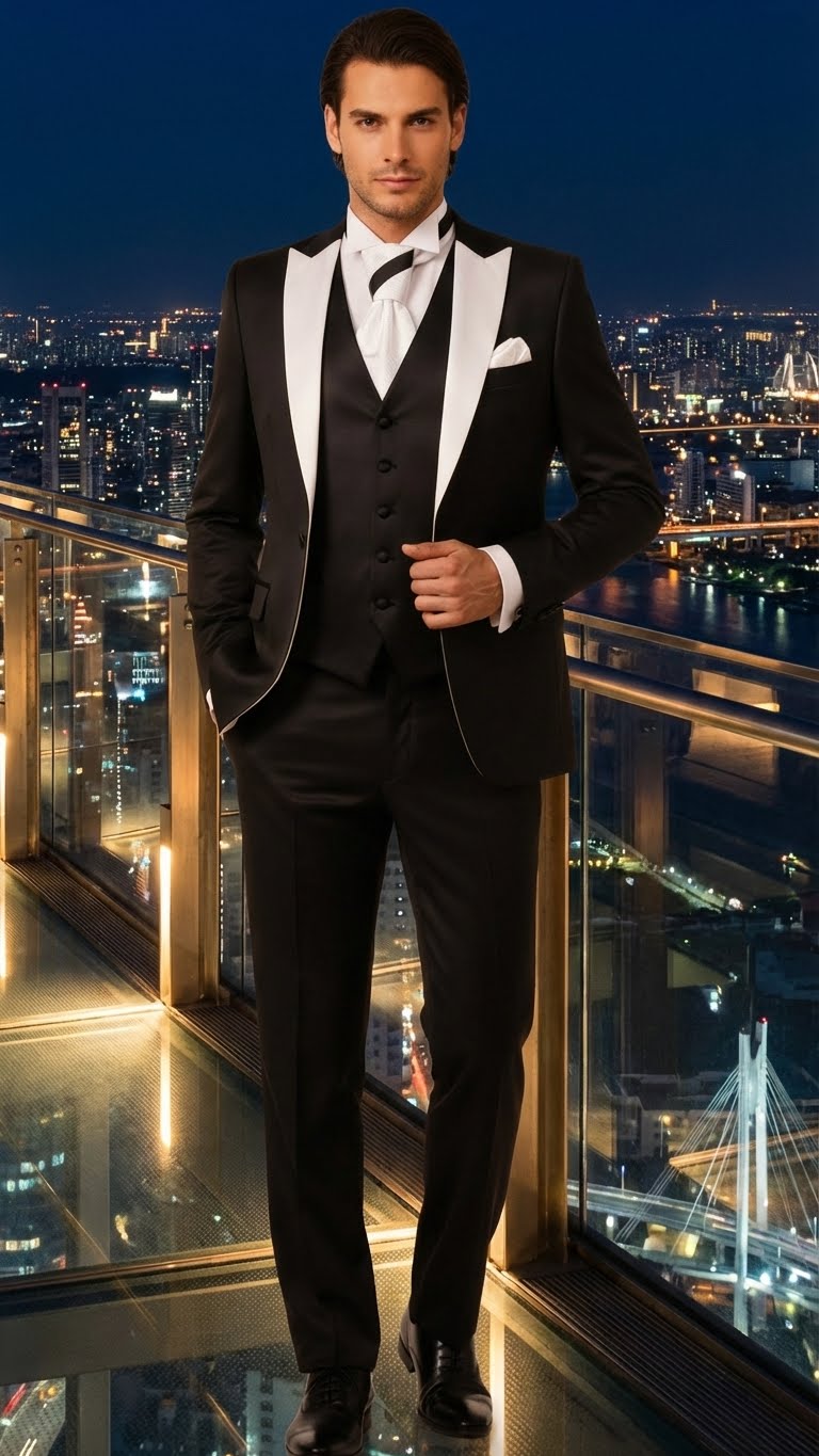 Mens Black and White Lapel Prom Tuxedo Suit  Black Vest  Black Pants Peak Lapel