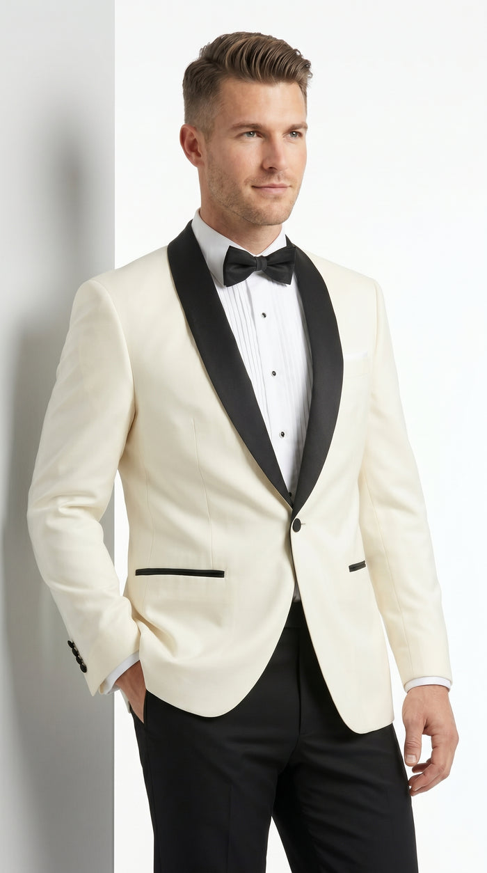 Men’s Ivory Dinner Jacket Blazer with Black Shawl Lapel, Formal Wedding Tuxedo Sport Coat