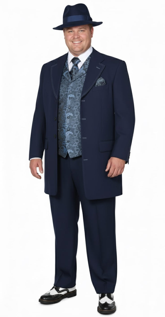 Mens 1920s Navy Blue Zoot Suit  Vintage Gangster 3-Piece Long Jacket Suit Classic Fit Pleated Pants