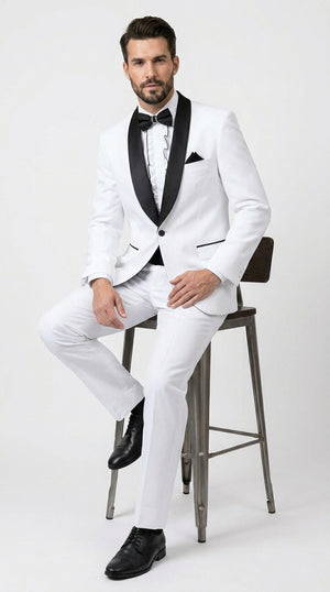 Men’s White and Black Classic Microfiber Shawl Tuxedo with Jacket and Pants, Formal Wedding Suit