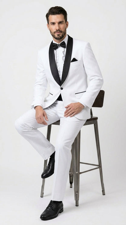 Men’s White and Black Classic Microfiber Shawl Tuxedo with Jacket and Pants, Formal Wedding Suit