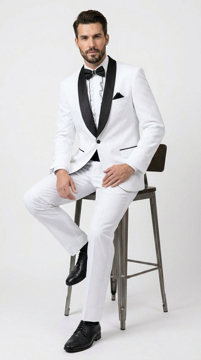 Men’s White and Black Classic Microfiber Shawl Tuxedo with Jacket and Pants, Formal Wedding Suit
