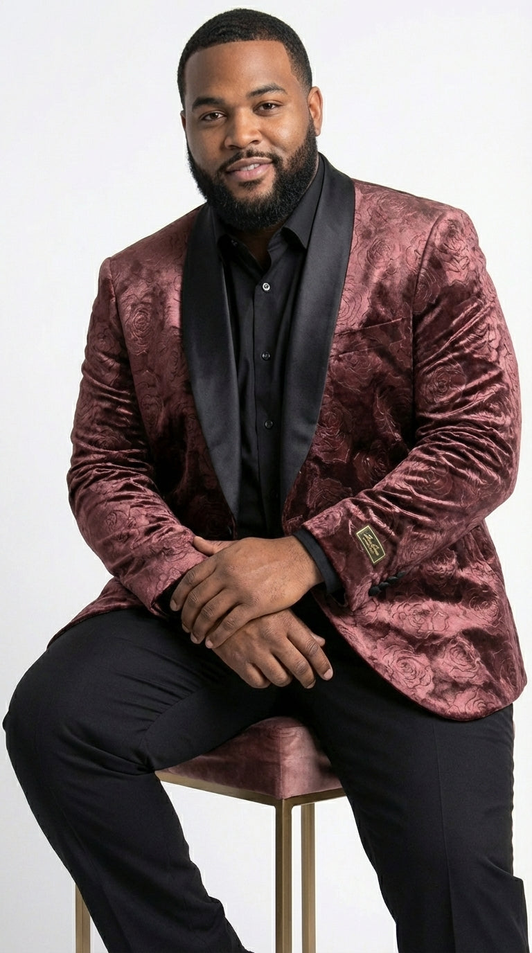 Mens Rust Copper Brick color Floral Jacquard Pasiley Blazer – Pattern Dinner Jacket with Black Shawl Lapel for Formal dinners and Wedding