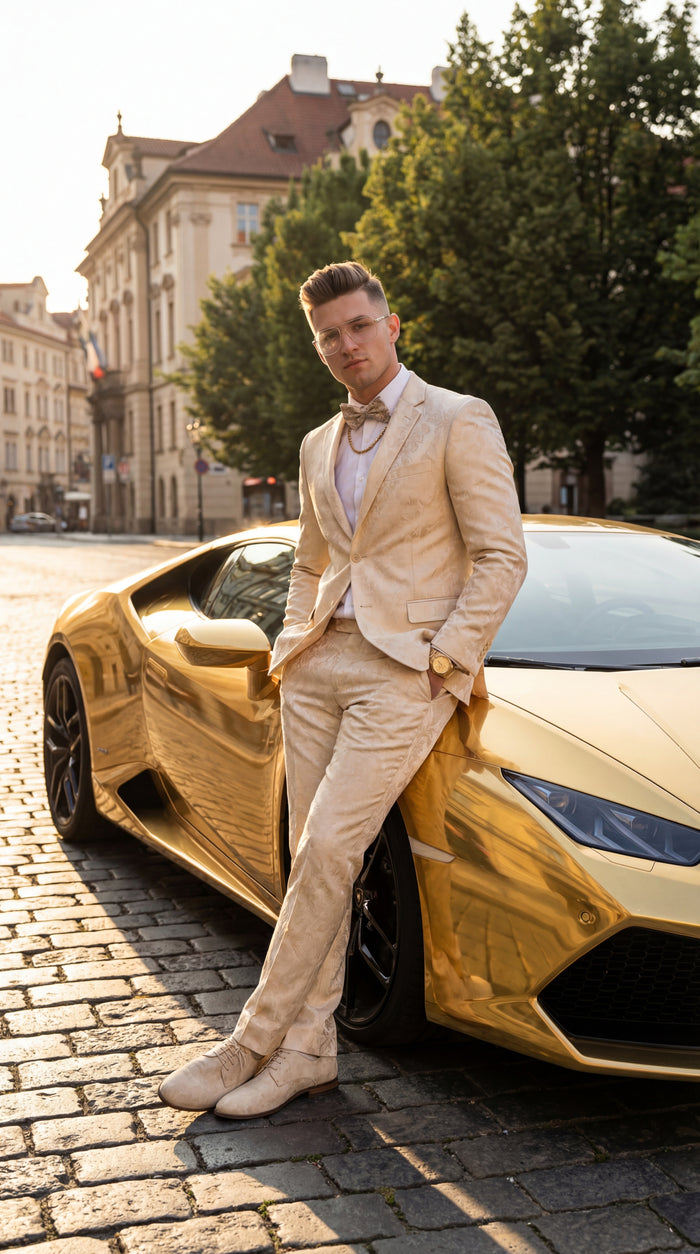 Mens 2 Button White with Gold Foil Floral Paisley Prom and Wedding Tuxedo