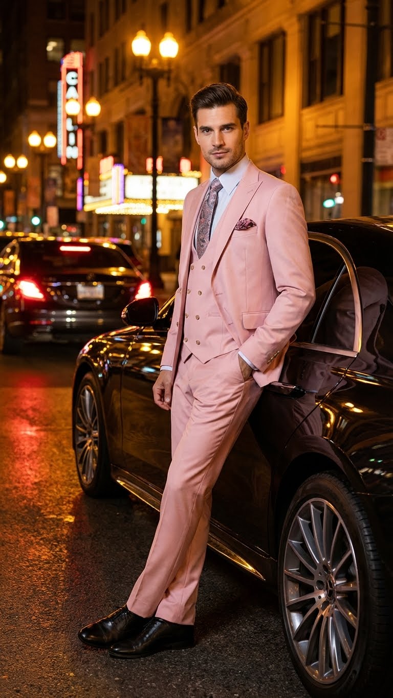 Mens Blush Pink and Gold Three-Piece Suit  Tailored Fit Formal Wedding, Vested Suit By Rossiman