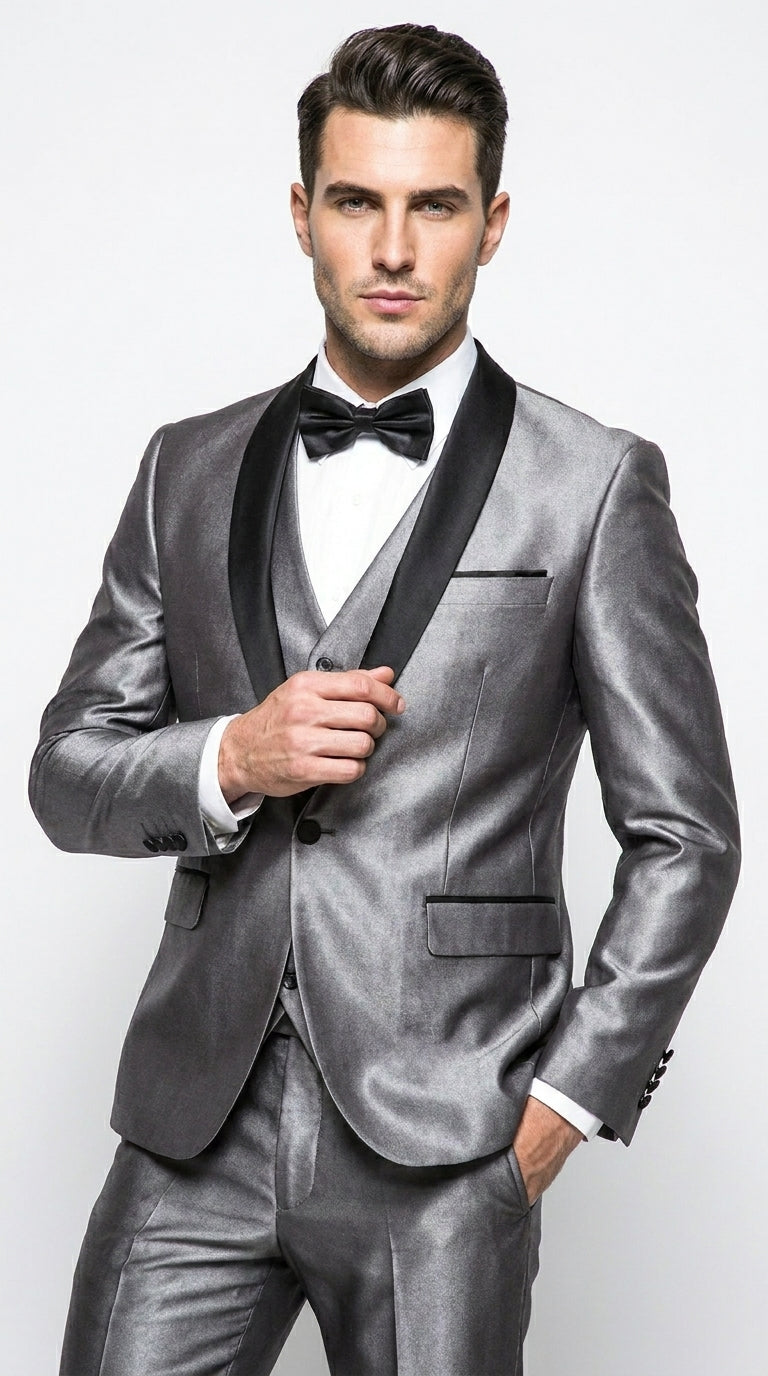 Men’s Silver Grey Sharkskin Vested Tuxedo with 1 Button Jacket, Shawl Lapel and Matching Pants