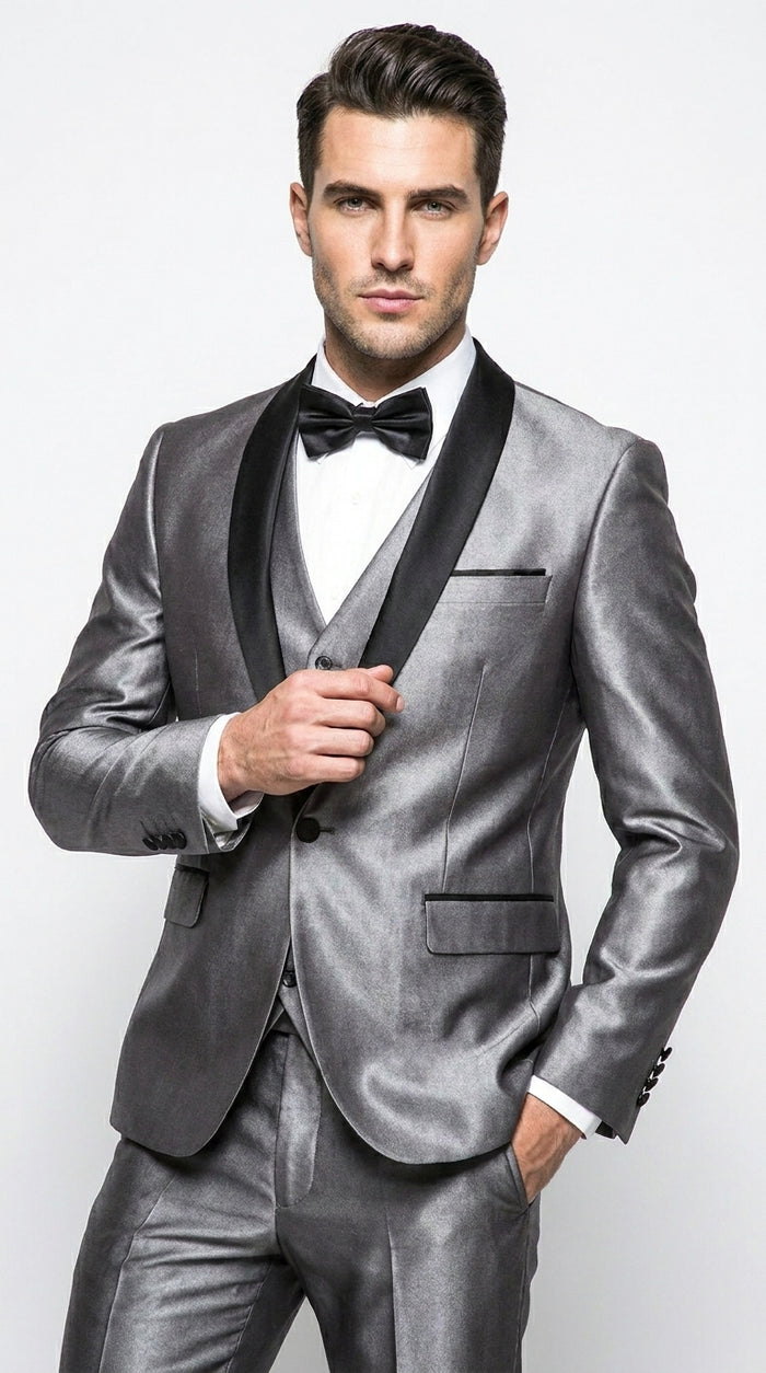 Men’s Silver Grey Sharkskin Vested Tuxedo with 1 Button Jacket, Shawl Lapel and Matching Pants