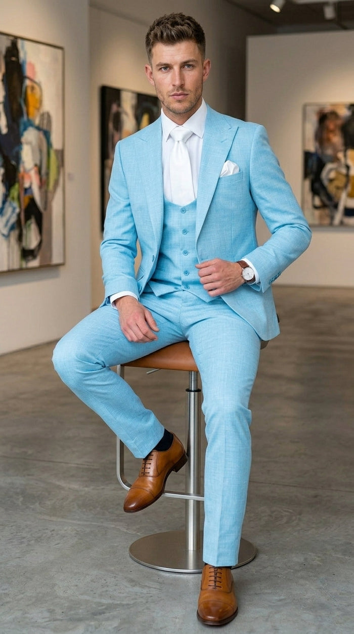 Men’s Turquoise Light blue Suit, Vested Formal Dress Suit for Weddings, Prom, Summer Parties, and Special Occasions in Aqua Blue Color By Rossiman