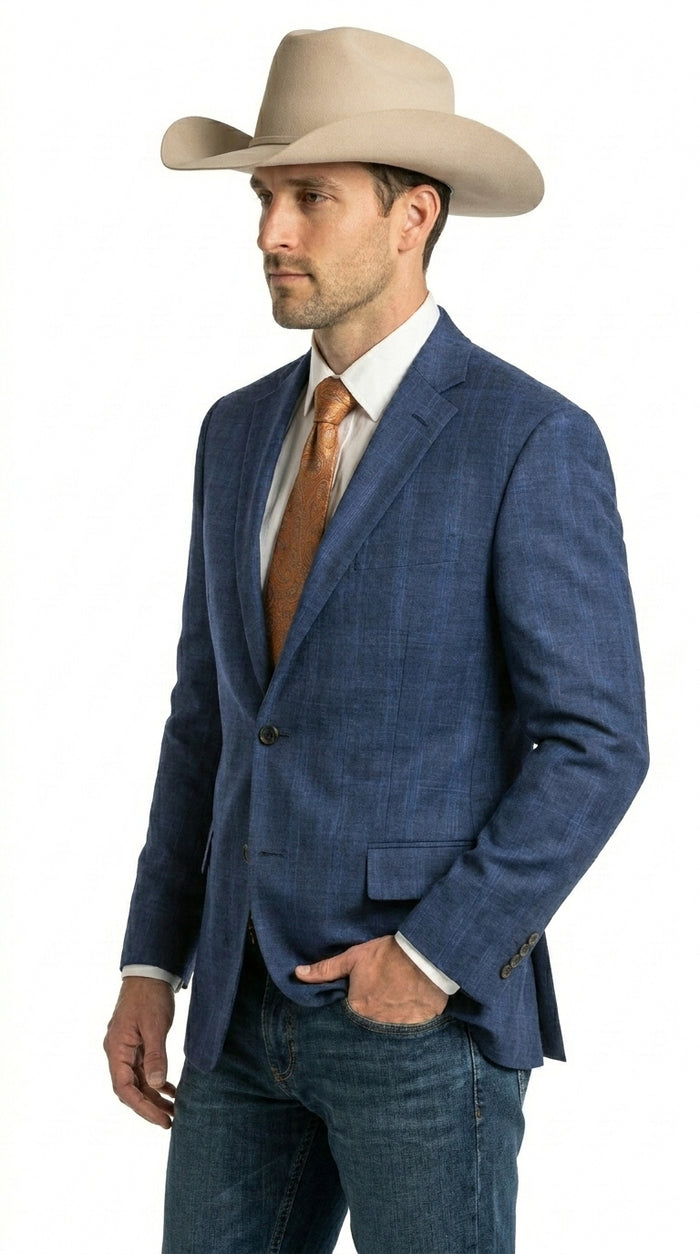 Men’s Dark Blue Western Sport Coat with Two Button Front, Notch Lapel Designer Blazer Jacket