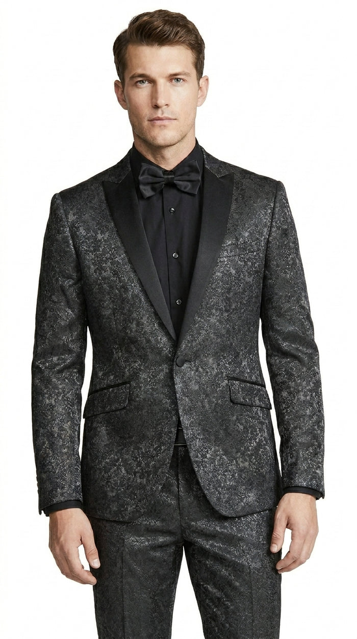 Men’s Black Paisley Wedding and Prom Tuxedo with One Button Jacket, Formal Dinner Suit