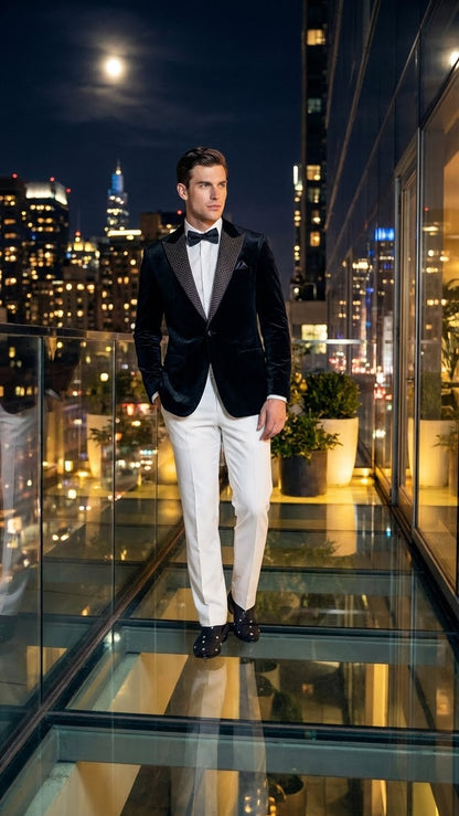 Mens Black Velvet Tuxedo Blazer with Studded Lapel  Formal Evening Jacket