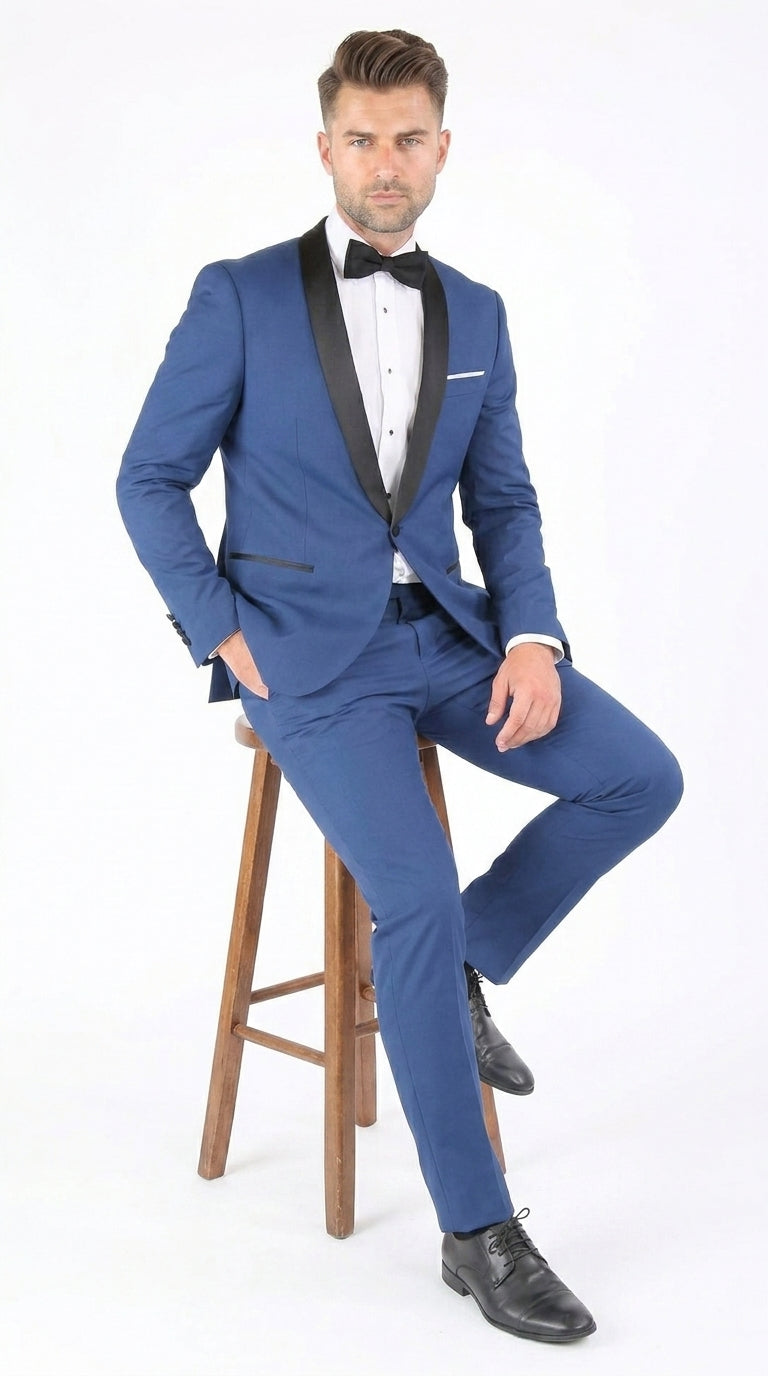 Men’s Indigo Shawl Prom Tuxedo with Black Lapel, One Button Jacket and Matching Pants