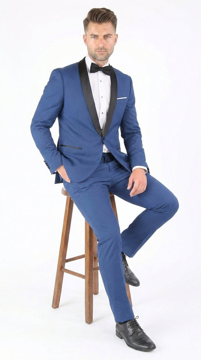Men’s Indigo Shawl Prom Tuxedo with Black Lapel, One Button Jacket and Matching Pants