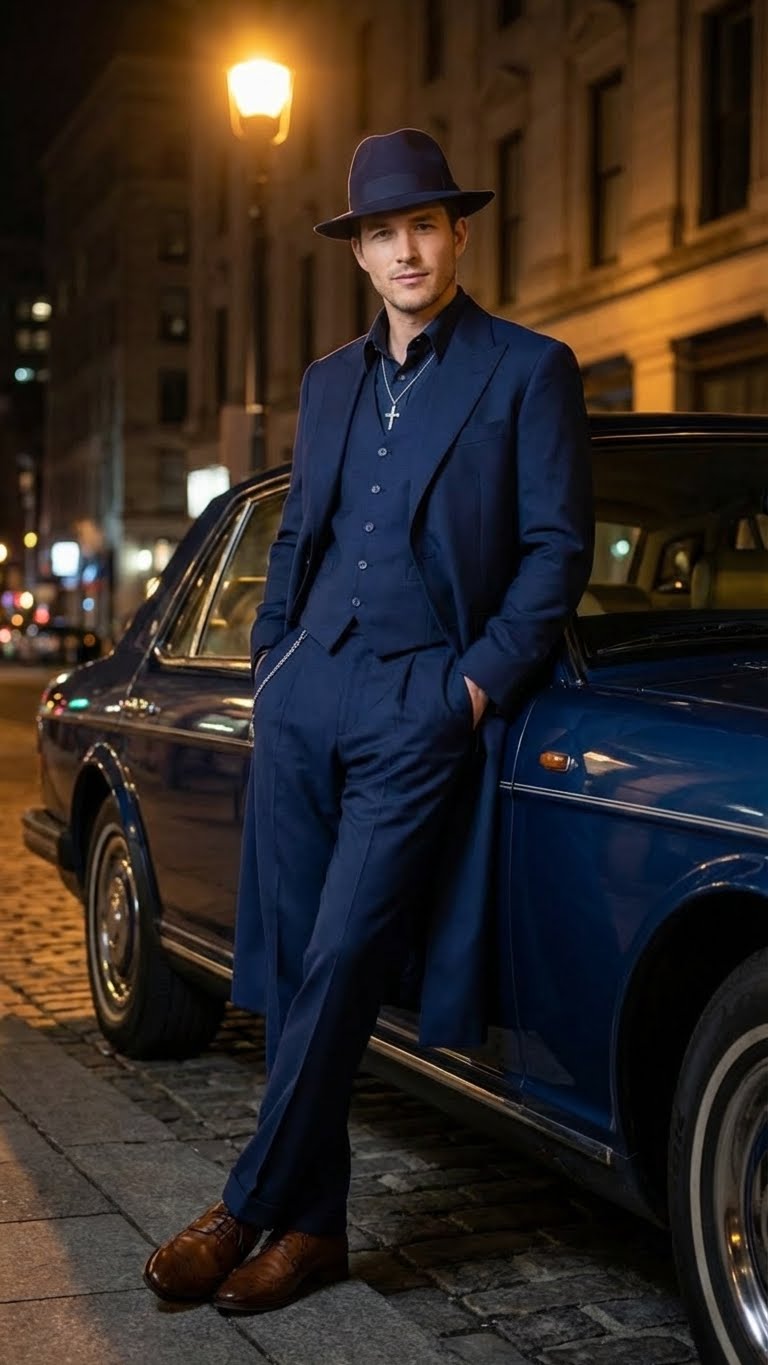 Mens Navy Blue 1920s Zoot Suit  Long Mafia Gangster Three-Piece Vintage Costume Set Zuit Pachuco Style