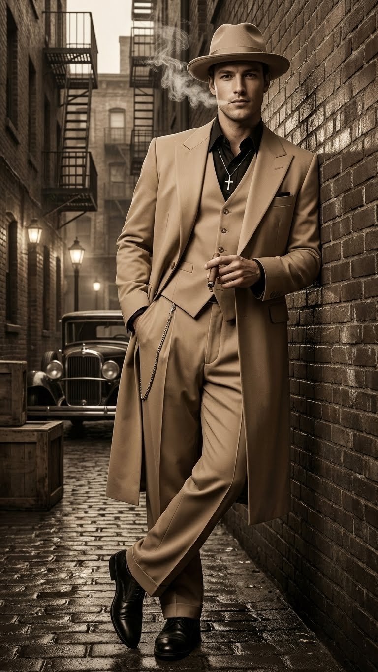 Mens 1920s Beige Zoot Suit  Long Mafia Gangster Three-Piece Suit in Tan Khaki Color 40 inch Zuit Pachuco Suit