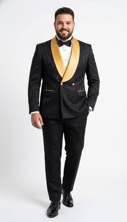 Mens Black and Gold Jacquard Tuxedo Suit  Luxury Slim Fit Formal Wedding, Prom, and Gala Outfit