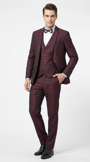 Men’s Burgundy Sharkskin Tuxedo with Satin Trim, Vested Formal Wedding and Prom Suit