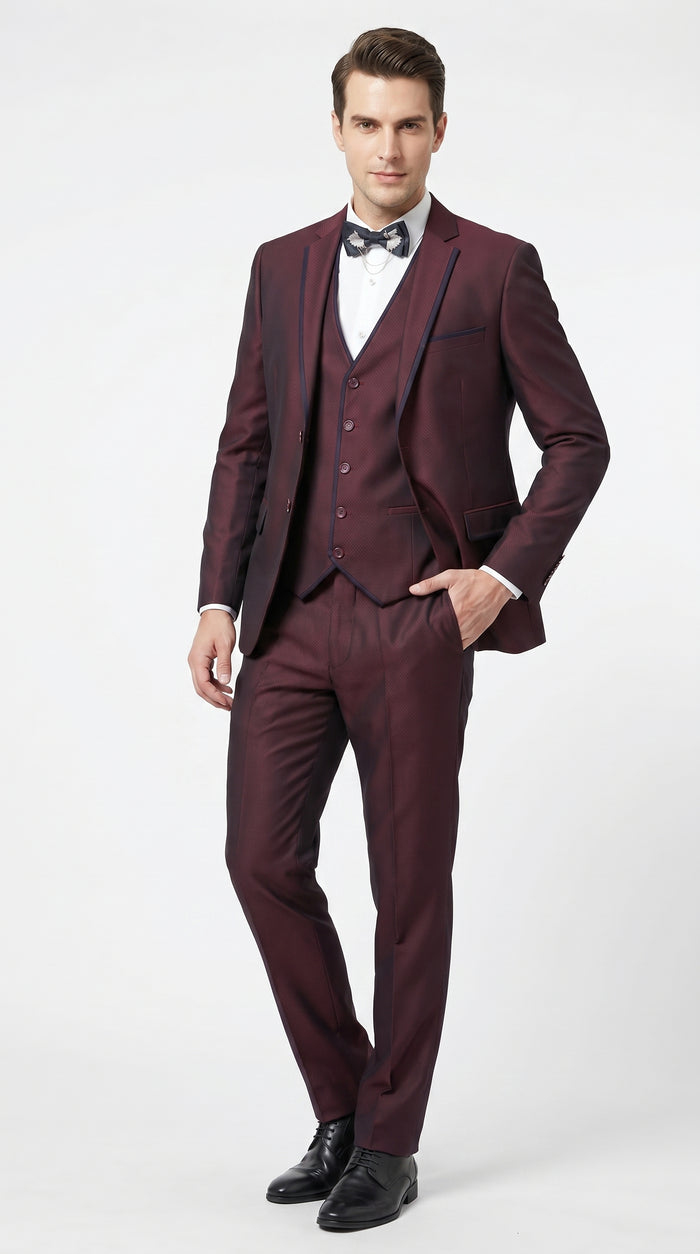 Men’s Burgundy Sharkskin Tuxedo with Satin Trim, Vested Formal Wedding and Prom Suit