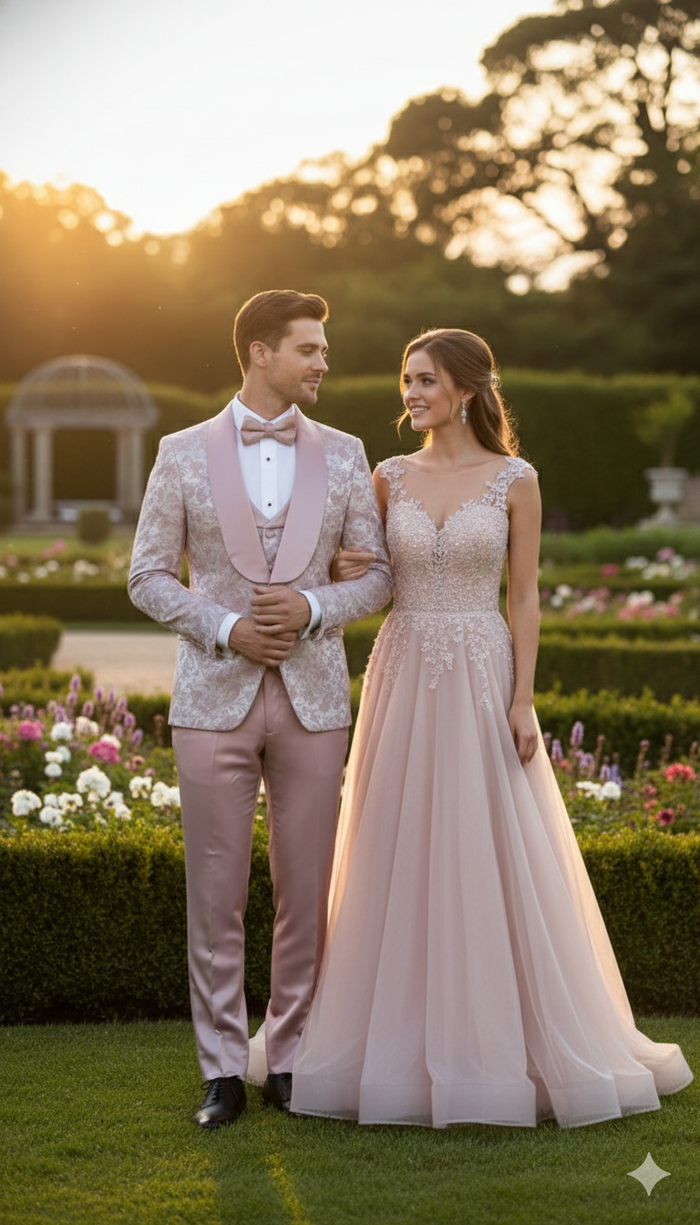 Mens Light Pink Dusty Rose -  Floral Tuxedo Suit  Luxury Satin Shawl Lapel 3-Piece Formal Wedding and Prom Suit in Blush Mauve color