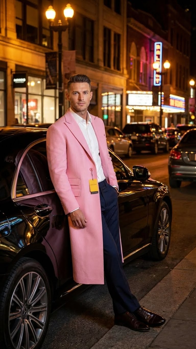 Mens Pink Wool Blend Long Overcoat  Slim Fit Tailored Winter Coat - Carcoat - Topcoat