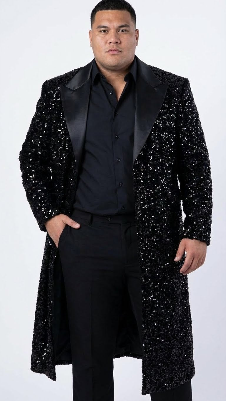 Mens Black Sequin Long Coat with Satin Shawl Lapel  Luxury Statement Evening Overcoat