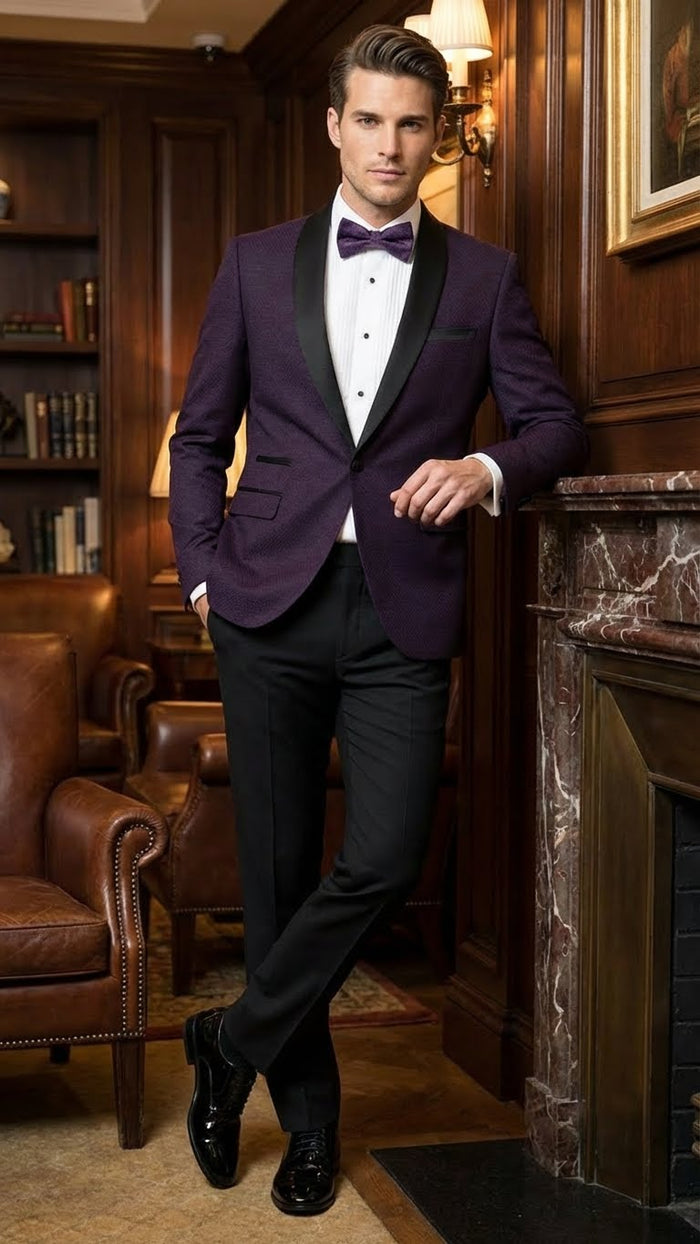 Men's Eggplant Plum Purple Tuxedo Blazer with Satin Lapel, White Tuxedo Shirt and Matching Purple Bow Tie - Slim Fitted - Prom wedding Suit With Pants