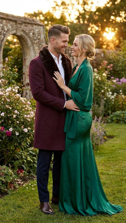 Mens Burgundy Three Quarter Coat with Faux Fur Collar Overcoat  Luxury Winter Outerwear Three Quarter Carcoat Topcoat