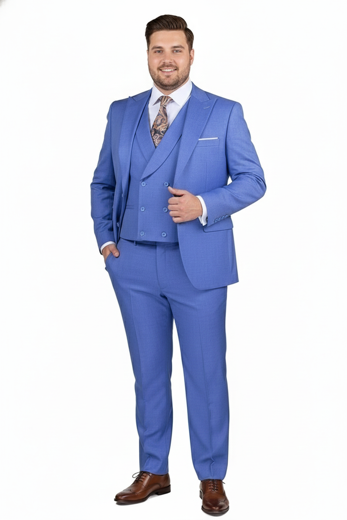 Mens Light Blue Double-Breasted 3-Piece Suit Set  Tailored Fit Formal Business Suit in Steel Blue Sky Blue Color