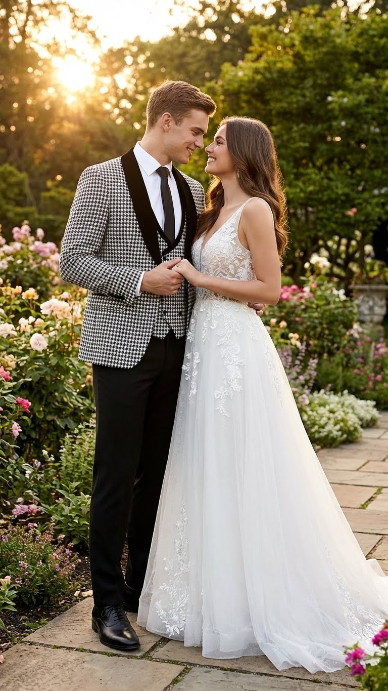 Mens Black and White Houndstooth Tuxedo Set with Velvet Shawl Lapel | 3-Piece Formal Suit with Double-Breasted Vest