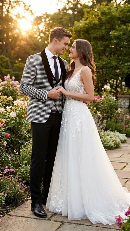 Mens Black and White Houndstooth Tuxedo Set with Velvet Shawl Lapel | 3-Piece Formal Suit with Double-Breasted Vest