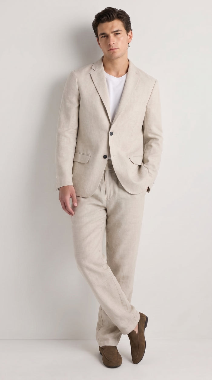 Men’s Informal Summer Suit, Light Beige Casual Linen Style Blazer and Pants Set