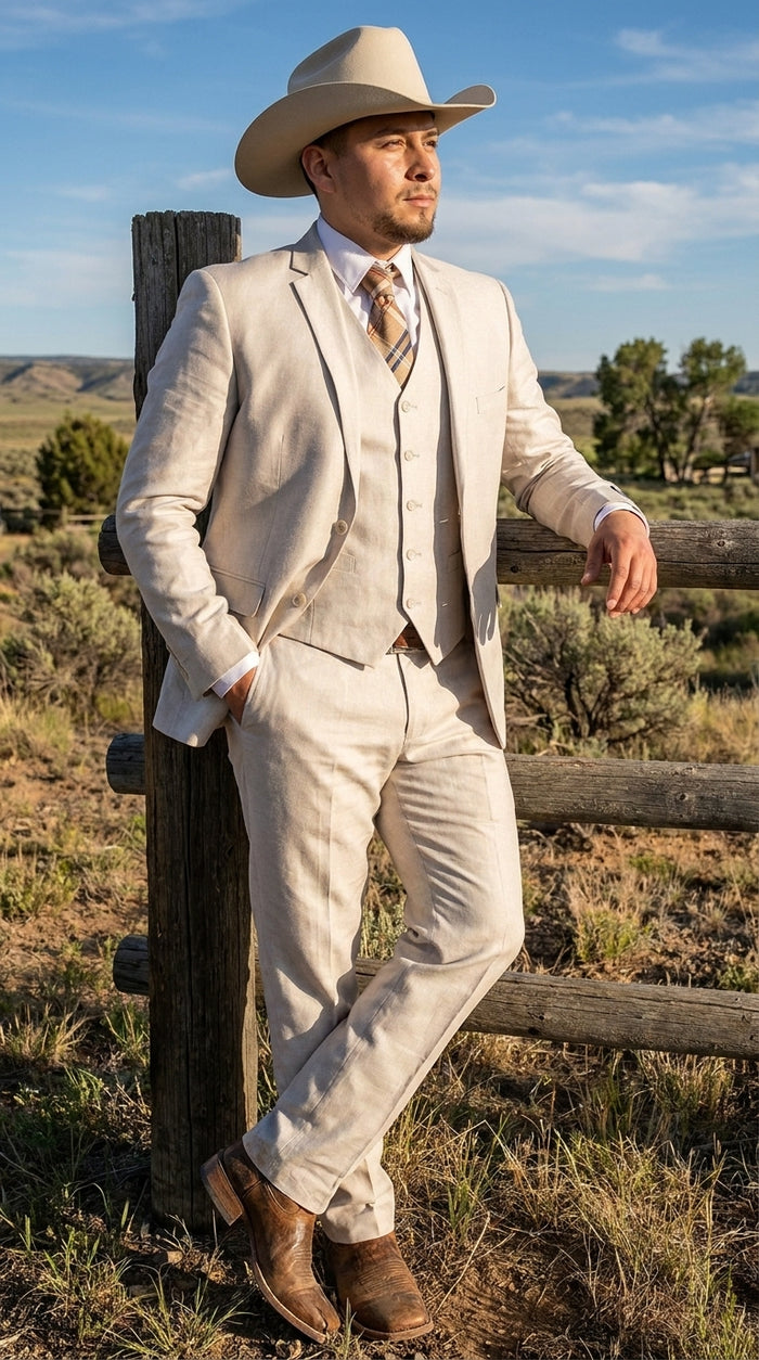 Men’s Sand champaign  Western Cowboy 3-Piece Suit – Light Cream Wedding Suit with Vest & Pants Slim Fitted