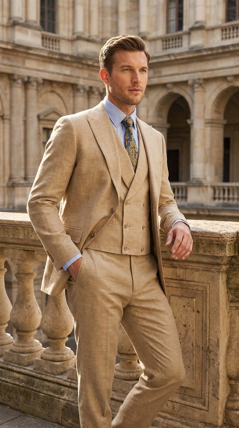 Men’s Great Gatsby Tan Summer Sharkskin 3 Piece – Double Breasted Vest Classic 1920s Groosmen Suit
