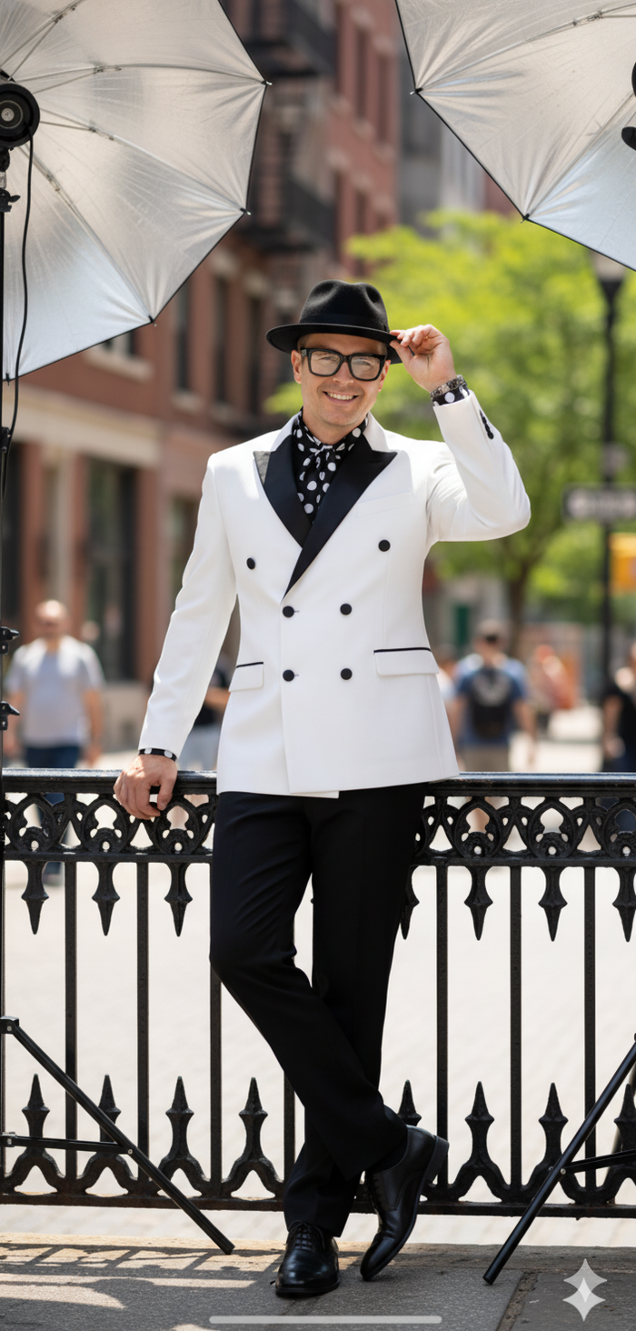Mens White and Black Double-Breasted Tuxedo  Modern Slim Fit Formal Suit for Weddings, Parties, and Special Occasions