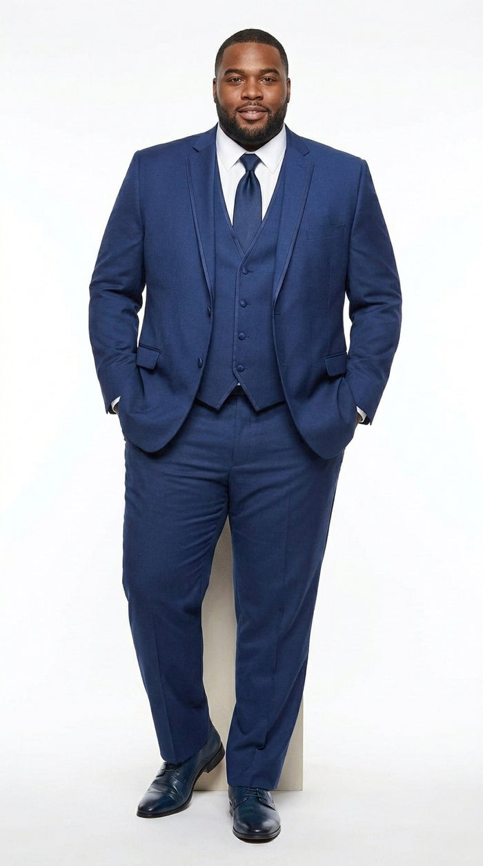Men’s Blue 3 Piece Vested Tuxedo with 2 Button Jacket, Satin Trim and Matching Pants