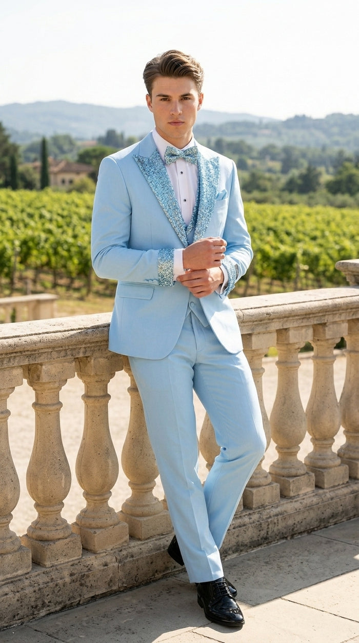 Men’s Baby Blue Prom Tuxedo Suit with Silver Rhinestone Sequin Lapel and Matching Vest